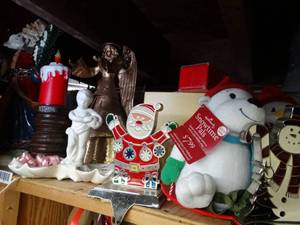 lot 1781 image: Mixed Lot of Christmas Decor on Top Shelf
