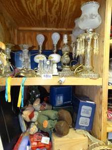 lot 1782 image: Contents of 2 Shelves  Small Decorative Lamps  Crystal Cups  Etc
