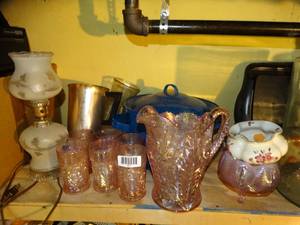 lot 1817 image: Variety of Collectibles  Pink Carnival Glass Pitcher wCups  Blue Pot  Misc