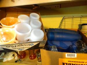 lot 1822 image: Plastic Cups  Plates and Fire King Cups and Creamer