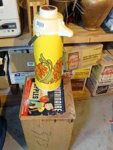 lot 1826 image: 1970s Pump Fluid Dispenser 2 old Crates with Ads