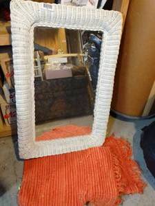 lot 1827 image: White Wicker Mirror with Red Area Rug