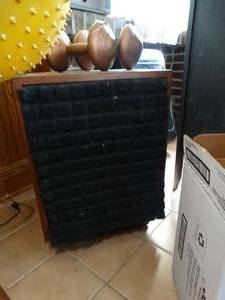 lot 1885 image: Pair of Frazier Stereo Speakers and Small Bench