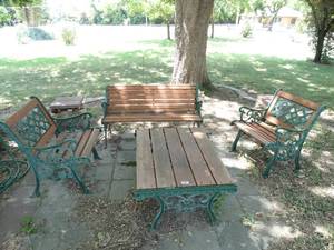 lot 1931 image: Awesome Wood and Metal Bench - 2 Chairs and Table Patio Set