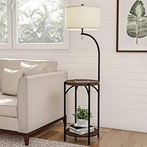lot 70678 image: Floor Lamp End Table- Modern Rustic Side Table with Drum Shaped Shade, LED Light Bulb Included, USB Charging Port and Storage Shelf by Lavish Home (B07T4LZDT1)