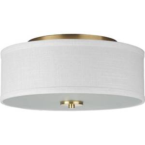 lot 70716 image: Progress Lighting Inspire Collection 2-Light Satin Brass Summer Linen Shade Transitional Kitchen Ceiling Light Drum Flush Mount