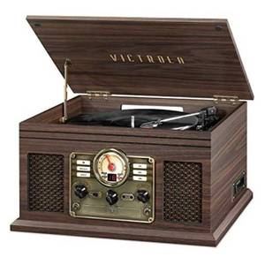lot 9197 image: Damage See Pictures Victrola Nostalgic 6-in-1 Bluetooth Record Player & Multimedia Center with Built-in Speakers - 3-Speed Turntable, CD & Cassette Player, AMFM Radio  Wireless Music Streaming  Espresso