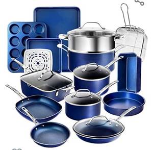 lot 9362 image: Damage See Pictures Blue 19 Piece Pots and Pans Set, Complete Cookware & Bakeware Set with Ultra Nonstick Durable Mineral & Diamond Surface, Stainless Stay Cool Handles Oven & Dishwasher Safe, 100% PFOA Free