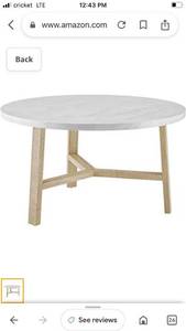 lot 38909 image: Walker Edison Mid Century Modern Round Coffee Table Living Room Accent Ottoman Storage Shelf, 30 Inch, Marble and Brown