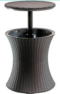 lot 38951 image: Keter Outdoor Patio Furniture and Hot Tub Side Table with 7.5 Gallon Beer and Wine Cooler, Brown