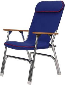 lot 38956 image: Seachoice High-Back Canvas Folding Chair, Blue wRed Trim, Folds for Easy Storage ( Slight Damage But Still In Good Use Damage Pictured)