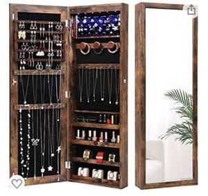lot 1068 image: Nicetree 6 LEDs Mirror Jewelry Cabinet with 3 Improvements, 4.2D DoorWall Mounted Jewelry Armoire with Full Length Mirror, Larger Capacity, Rustic Brown
