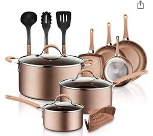 lot 1087 image: NutriChef 14-Piece Nonstick Cookware PTFEPFOAPFOS-Free Heat Resistant Lacquer Kitchen Ware Set wSaucepan, Frying Pans, Cooking, Dutch Oven Pot, Lids, Utensil NCCW14S, AGold