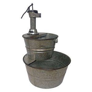 lot 1116 image: Metal Galvanized Two Tier Metal Barrel Pump Fountain