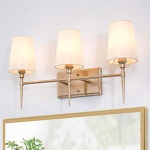 lot 1120 image: Bathroom Light Fixtures, 3-Light Gold Vanity Lights, Modern Bathroom Vanity Light Fixtures with White Fabric Shade, 23 L x 6.5 W x 12 H