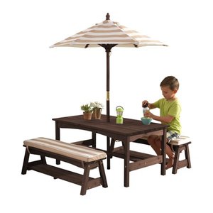 lot 1162 image: KidKraft Outdoor Table & Bench Set with Cushions & Umbrella - Oatmeal & White Stripes