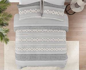 lot 1199 image: Boho King Comforter Bedding Sets, Gray and Cream Farmhouse Comforter Set , Mid Century Modern Bedding ,Cotton Top , 3-Pieces Including Matching Pillow Shams