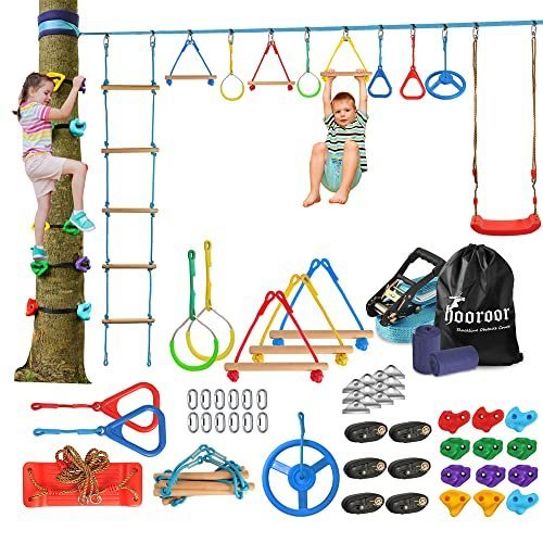 lot 24495 image: hooroor Ninja Warrior Obstacle Course for Kids-66FT Slackline with Tree Climbing Rock Holds, Swing Seat, Monkey Bars, Ring Wheel, Rope Ladder, Training Outdoor Playset & Backyard Jungle Gym