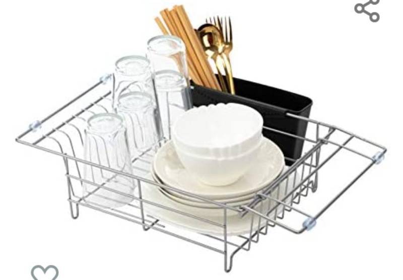 lot 80238 image: AbocoFur Dish Drying Rack with Removable Utensil Holder, Kitchen Over Sink or Countertop Metal Dish Drainer with Foldable Handle, Rustproof Large Capacity Dish Shelf Organizer, Silver