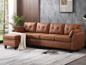 lot 10081 image: Ovios High Back Couch Mid-century Spring Faux Suede Leather Wood Legs Chaise Sofa Retail $1299.99