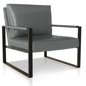 lot 10084 image: Pair of Gray Mid-Century Style Faux Leather Upholstered Armchairs with Steel Frame Retail $349.99