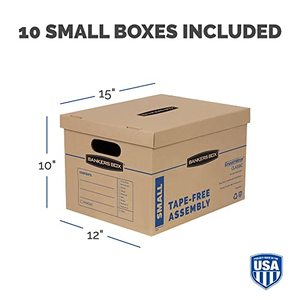 lot 12075 image: Bankers Box SmoothMove Classic Small Moving Boxes, 10 Pack, Tape-Free Assembly, Easy Carry Handles, 10 x 12 x 15