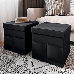 lot 12076 image: Lavish Home 80-FOTT-2-BLK Foldable Storage Cube Ottomans with Pockets Multipurpose Footrest Organizer for Bedroom, Living Room, Dorm, or RV, Black