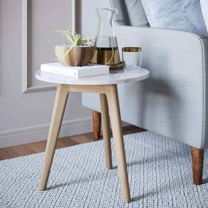 lot 12145 image: Nathan James Amalia Accent Table or Nightstand White Marble Top Light Brown Solid Wood Base