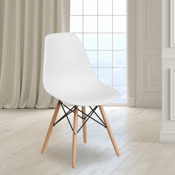 lot 3 image: Flash Furniture White Plastic Chair with Wooden Legs