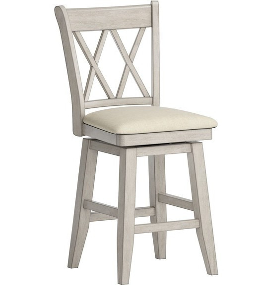 lot 8 image: DEARBORN 24 COUNTER HEIGHT SWIVEL CHAIR - DOUBLE X BACK - ANTIQUE WHITE FINISH WITH BEIGE LINEN SEAT