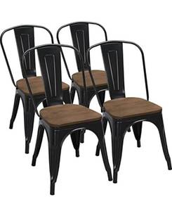 lot 4 image: Yaheetech 18 Inch Classic Iron Metal Dinning Chair with Wood TopSeat Indoor-Outdoor Use Chic Dining Bistro Cafe Side Barstool Bar Chair Coffee Chair Set of 4 Black