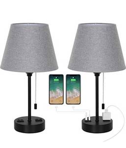 lot 30 image: HAITRAL Modern Table Lamps with Dual USB Ports AC Outlets, Bedside Lamps for Bedroom Livin Room Office GreyBlack