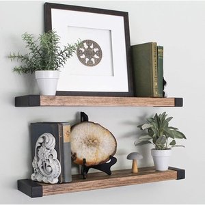 lot 1701 image: WG WILLOW & GRACE DESIGNS Floating Shelves, Wall Mounted, Modern Rustic All Wood Wall Shelves, Set of 2 for Bedroom, Bathroom, Family Room, Kitchen with Decorative Iron End Cap - 24 x 6 x 1.5 inches