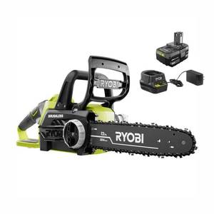 lot 8738 image: RYOBI ONE 18V Brushless 12 in. Cordless Battery Chainsaw with 4.0 Ah Battery and Charger - Retail $212.99