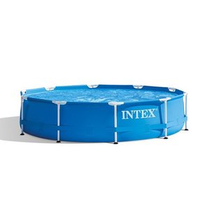 lot 8763 image: Intex - 10 x 30 Metal Frame Round Above Ground Swimming Pool with Pump - Blue
