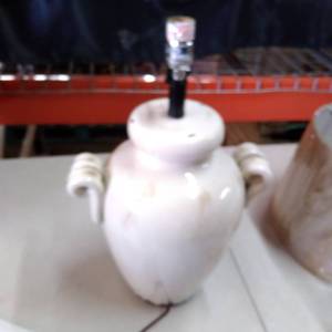 lot 8631 image: White Vase-Style Lamp with Linen Shade, 20 x 13