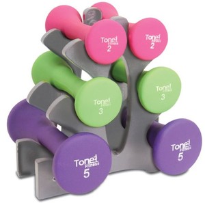 lot 10237 image: Tone Fitness 20lb Hourglass Neoprene Dumbbell Set with A Frame Rack
