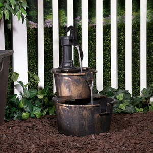 lot 38009 image: Alpine Corporation 27 Two-Tier Barrel & Pump Outdoor Fountain Bronze
