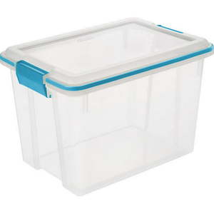 lot 38026 image: Sterilite 20 Quart 1932 Clear Gasket Box with Blue Aquarium Latches & Gasket