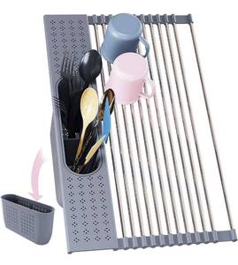 lot 102539 image: BAMEOS Roll Up Dish Drying Rack Over The Sink, 20��L x 11��W x 4.72��H Foldable Stainless Steel Dish Drying Rack with Utensil Holder & Sponge Holder for Kitchen Sink (Gray)