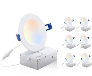lot 102541 image: CLOUDY BAY 4 inch 3000K4000K5000K Three Color Temperature Selectable, Dimmable 10W CRI 90, IC Rated, ETLJA8, Ultra Thin Recessed Downlight with Junction Box, White Finish, 6PK