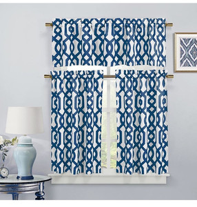 lot 102564 image: Duck River Textiles - Ashmont Geometric Canvas Textured Kitchen Tier & Valance Set  Small Window Curtain for Cafe, Bath, Laundry, Bedroom - (Royal Blue)
