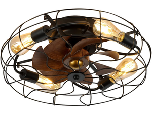 lot 102585 image: 21 Caged Ceiling Fan with Lights Remote Control, Industrial Black Flush Mount Low Profile Ceiling Fan, Reversible Motor 6 Speeds 1-4 Timing, Farmhouse Bladeless Ceiling Fan with light