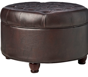 lot 102597 image: Homepop Home Decor  Large Button Tufted Faux Leather Round Storage Ottoman  Ottoman with Storage for Living Room & Bedroom (Distressed Brown)