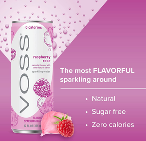 lot 102626 image: VOSS Raspberry Rose Flavored Sparkling Water, Unsweetened, Zero Calories, 355ml Cans (Pack of 8)