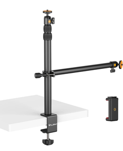 lot 102632 image: JUSMO Camera Desk Mount with Auxiliary Holding Arm, Overhead Camera Mount with 360° Ballhead and Phone Grip, Table C-Clamp Multi Mount Stand for DSLR, Phone, Light, Webcam and More