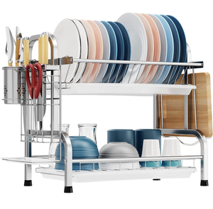 lot 102636 image: Stainless Steel Dish Drying Rack - GSlife Rustproof 2 Tier Dish Rack for Kitchen Counter with 3 Drainboards, Tiered Dish Drainer with Utensils Holder,Cutting Board Holder, Silver