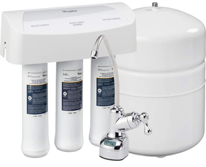lot 102638 image: Whirlpool WHER25 Reverse Osmosis (RO) Filtration System With Chrome Faucet  Extra Long Life  Easy To Replace UltraEase Filter Cartridges, White