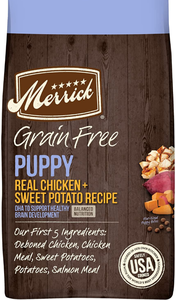 lot 102656 image: Merrick Dry Puppy Food, Real Chicken and Sweet Potato Grain Free Dog Food Recipe - 22 lb. Bag