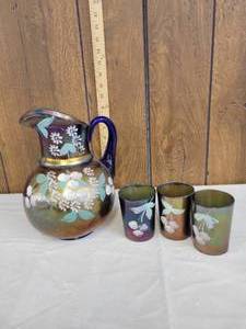 lot 1275 image: Vintage Fenton handpainted cherry blossom pitcher w3 glasses